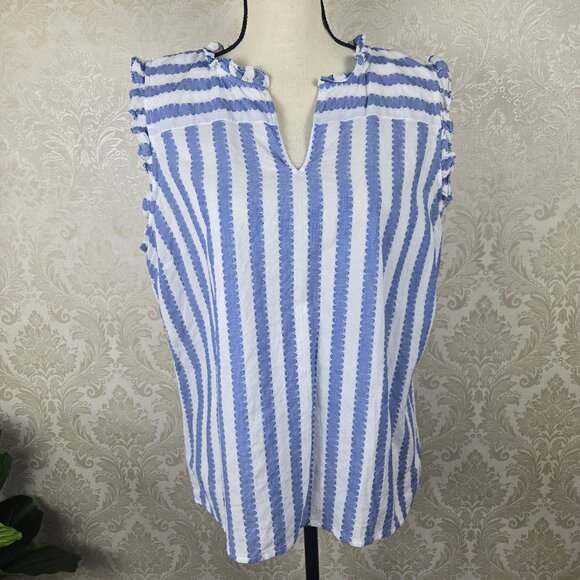 Talbots Petites Size XLP Blue White Striped Sleeveless Top Ruffle Detail Split V - Picture 1 of 12